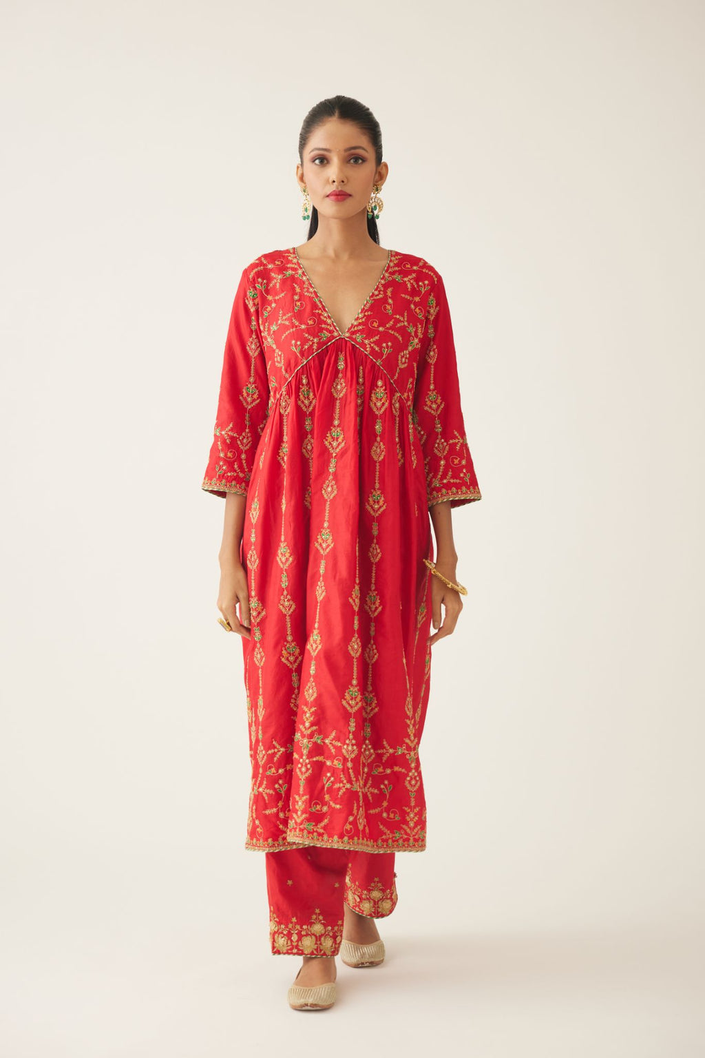 Red silk embroidered kurta dress set with fine gathers at empire line.
