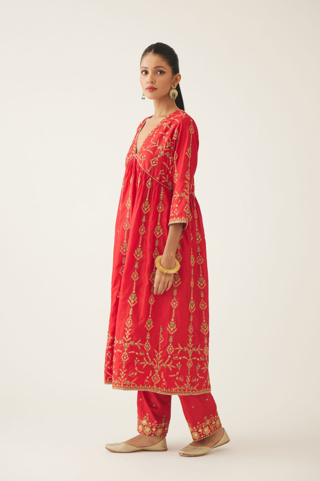 Red silk embroidered kurta dress set with fine gathers at empire line.