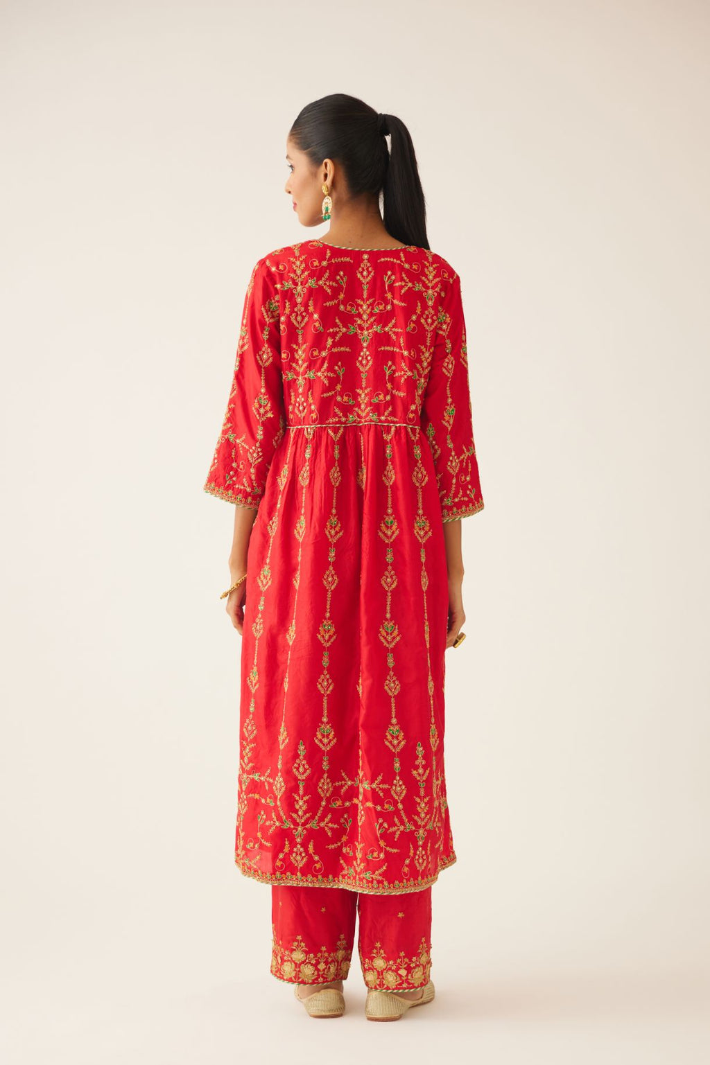 Red silk embroidered kurta dress set with fine gathers at empire line.