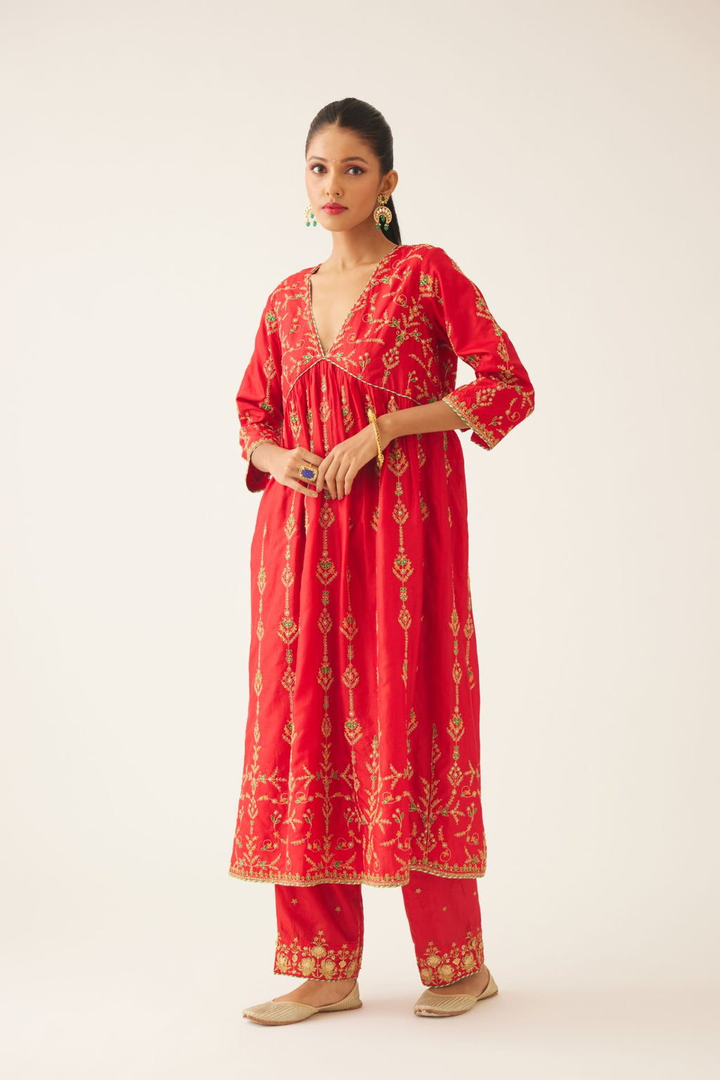 Red silk embroidered kurta dress set with fine gathers at empire line.