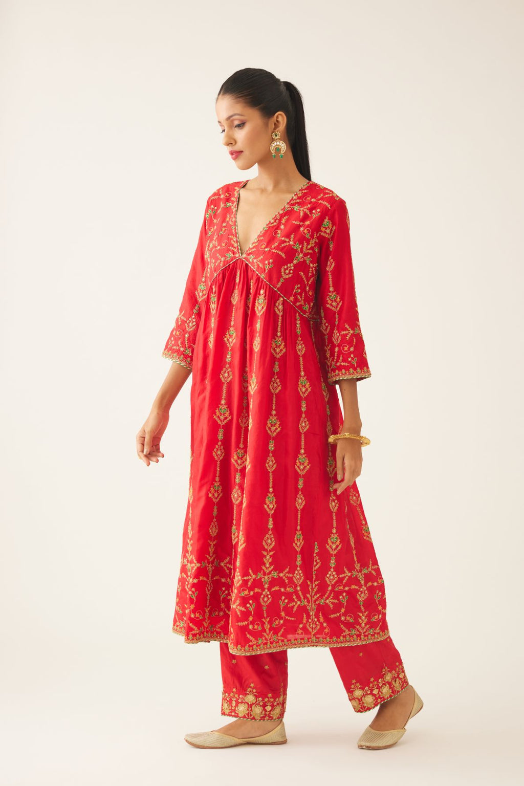 Red silk embroidered kurta dress set with fine gathers at empire line.