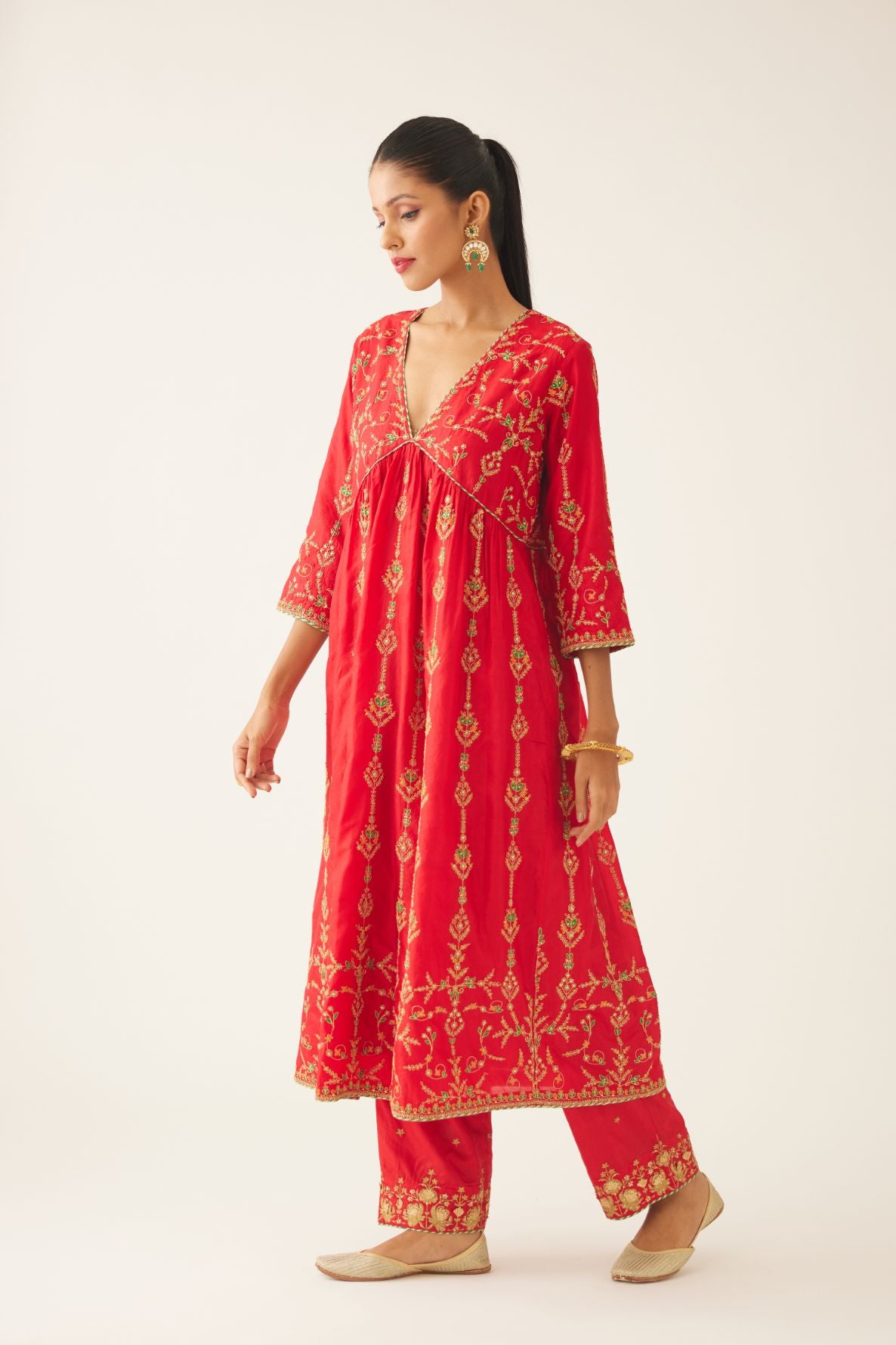 Red silk embroidered kurta dress set with fine gathers at empire line.