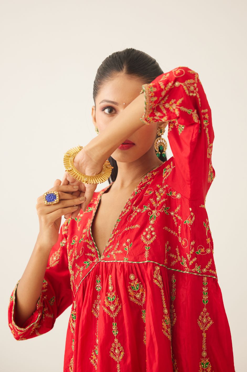 Red silk embroidered kurta dress set with fine gathers at empire line.