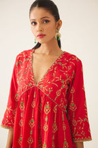 Red silk embroidered kurta dress set with fine gathers at empire line.