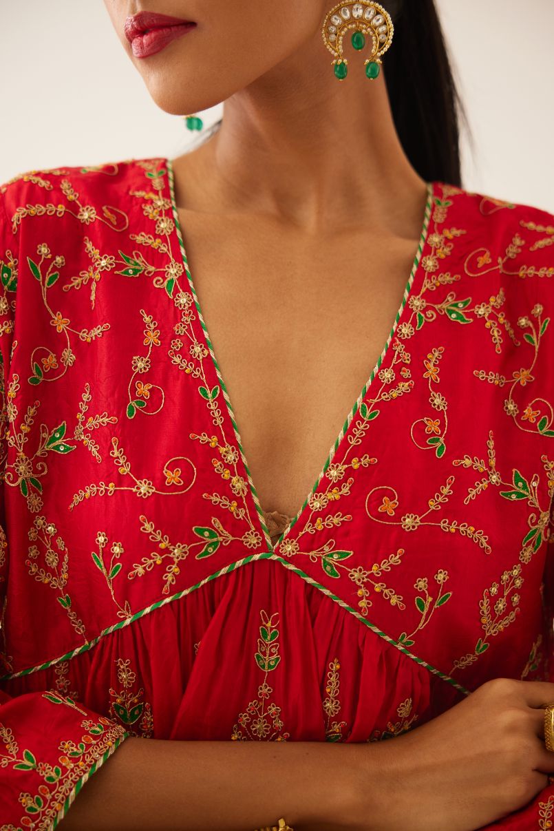 Red silk embroidered kurta dress set with fine gathers at empire line.