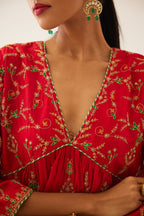 Red silk embroidered kurta dress set with fine gathers at empire line.