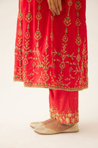 Red silk embroidered kurta dress set with fine gathers at empire line.