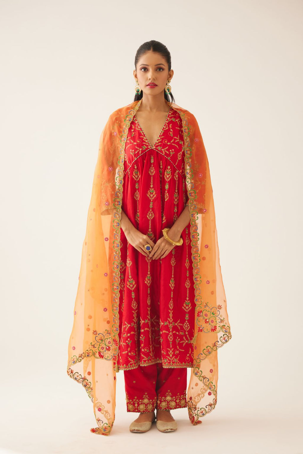 Orange silk organza dupatta with all-over delicate dori & silk thread embroidery, highlighted with bead and sequins work.