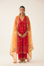 Red silk embroidered kurta dress set with fine gathers at empire line.