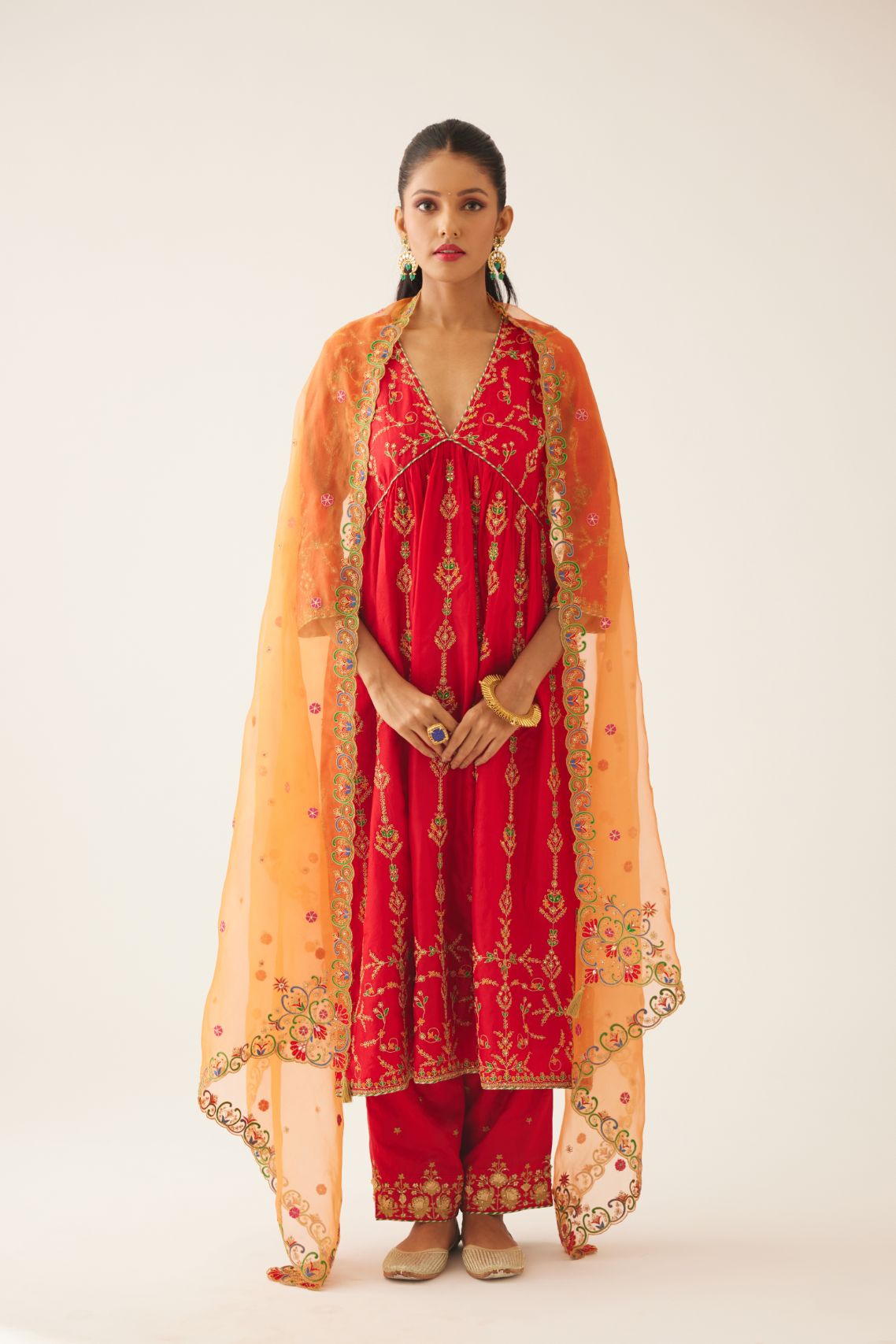 Red silk embroidered kurta dress set with fine gathers at empire line.