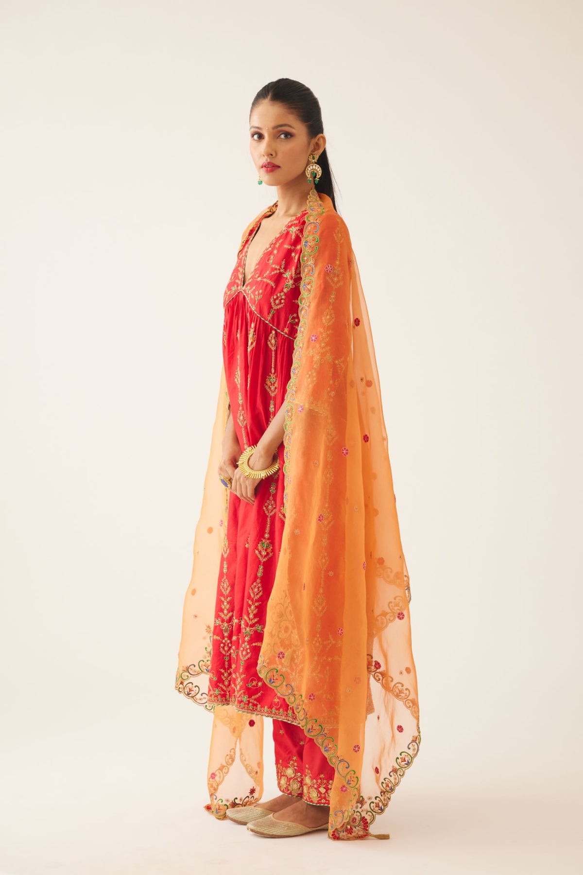 Orange silk organza dupatta with all-over delicate dori & silk thread embroidery, highlighted with bead and sequins work.