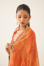 Orange silk organza dupatta with all-over delicate dori & silk thread embroidery, highlighted with bead and sequins work.