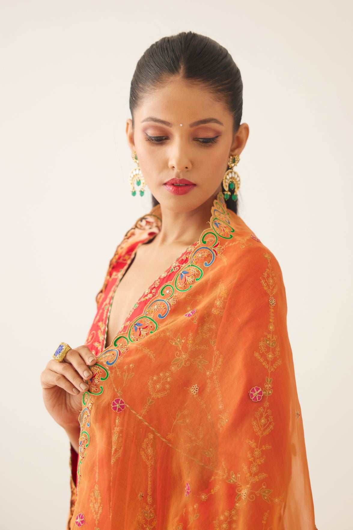 Red silk embroidered kurta dress set with fine gathers at empire line.