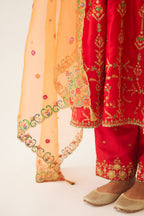 Orange silk organza dupatta with all-over delicate dori & silk thread embroidery, highlighted with bead and sequins work.