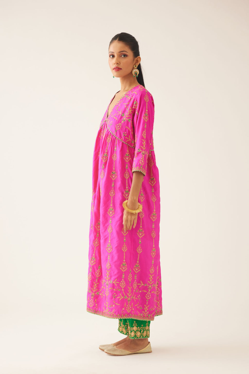 Fiji fuchsia silk embroidered kurta dress set with fine gathers at empire line.