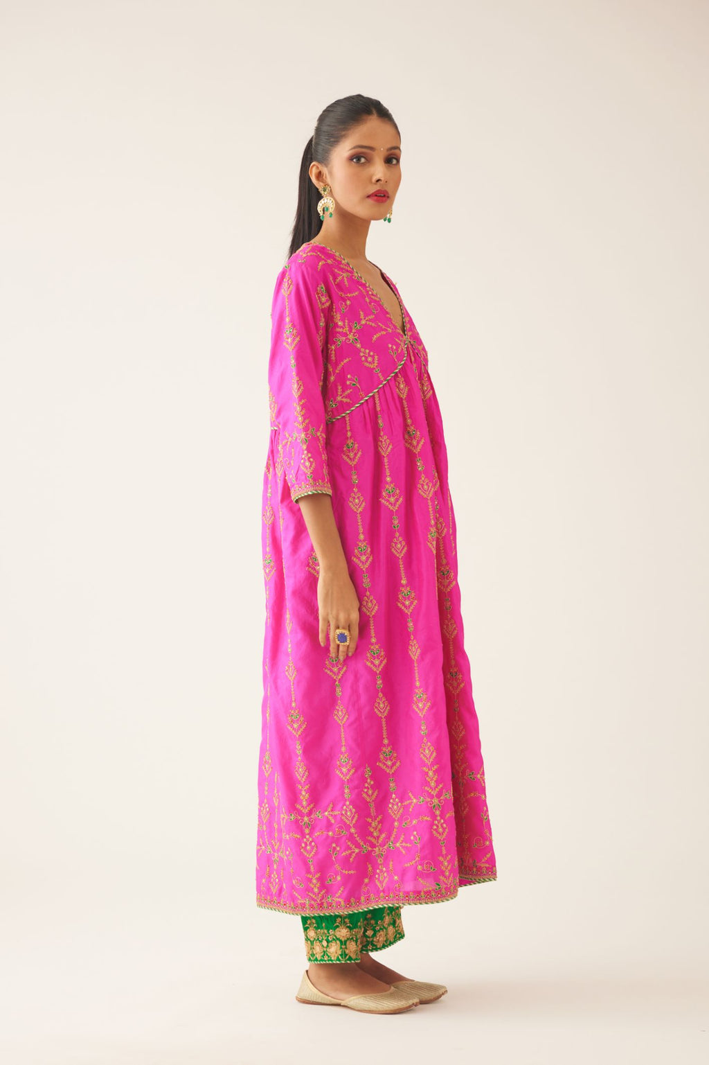 Fiji fuchsia silk embroidered kurta dress set with fine gathers at empire line.