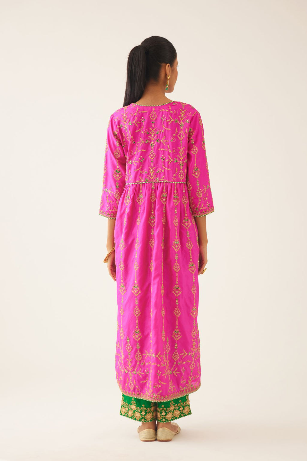 Fiji fuchsia silk embroidered kurta dress set with fine gathers at empire line.