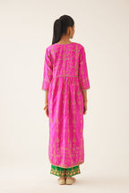 Fiji fuchsia silk embroidered kurta dress set with fine gathers at empire line.