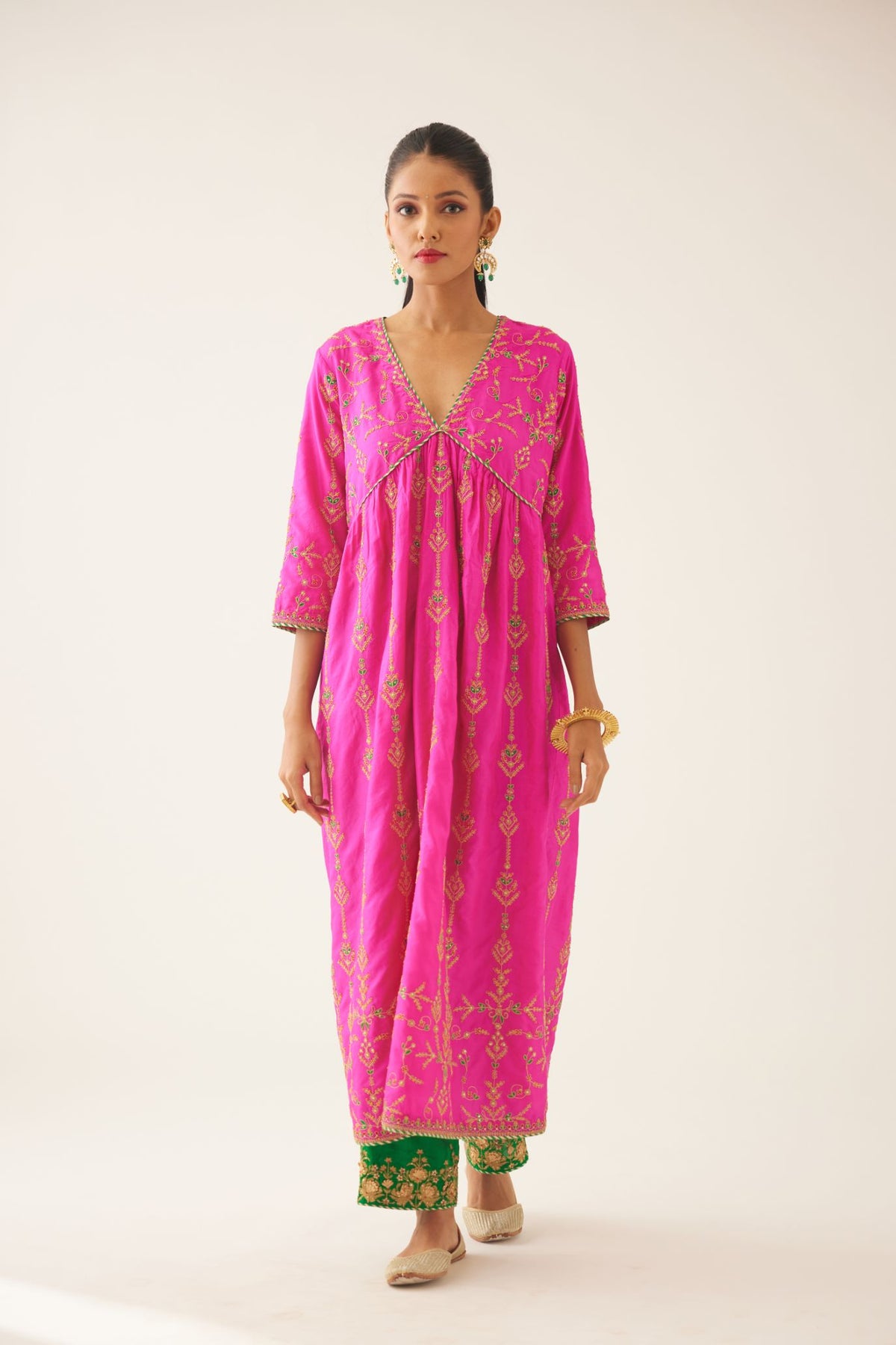 Fiji fuchsia silk embroidered kurta dress set with fine gathers at empire line.