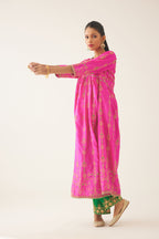 Fiji fuchsia silk embroidered kurta dress set with fine gathers at empire line.