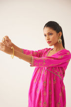 Fiji fuchsia silk embroidered kurta dress set with fine gathers at empire line.