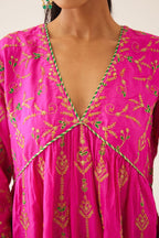 Fiji fuchsia silk embroidered kurta dress set with fine gathers at empire line.