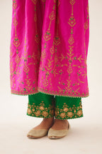 Fiji fuchsia silk embroidered kurta dress set with fine gathers at empire line.