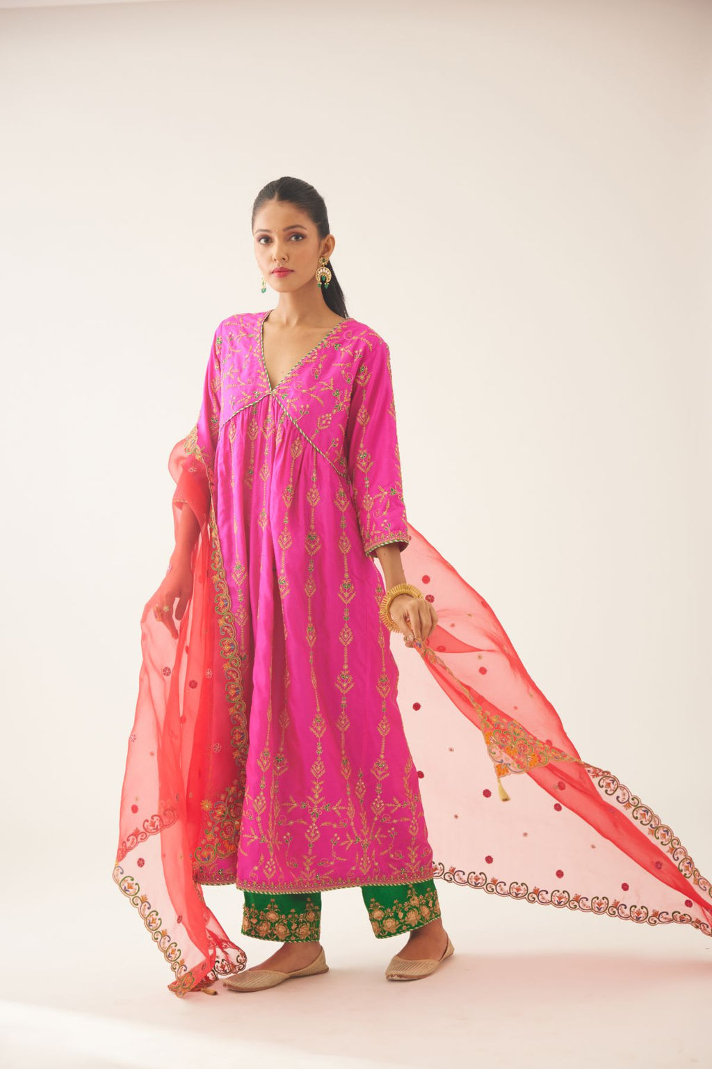 Fiji fuchsia silk embroidered kurta dress set with fine gathers at empire line.