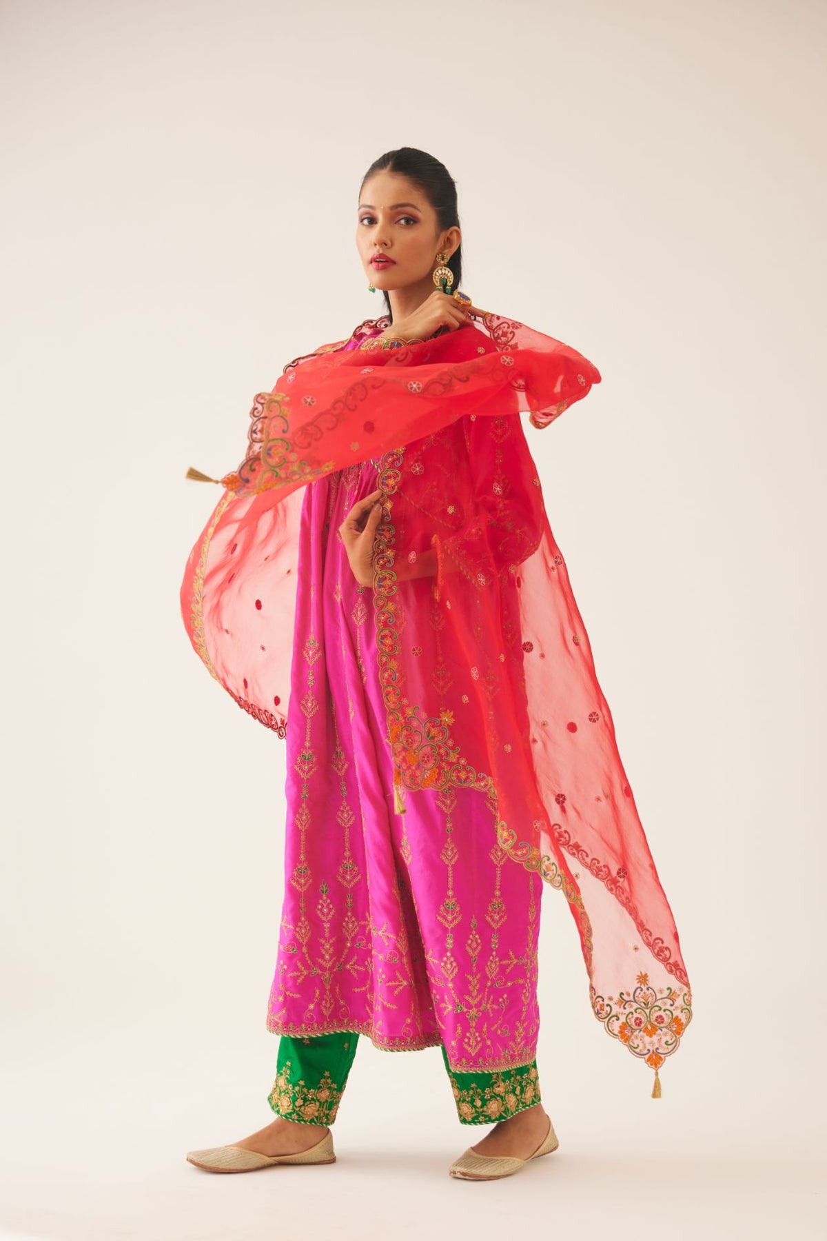 Fiji fuchsia silk embroidered kurta dress set with fine gathers at empire line.