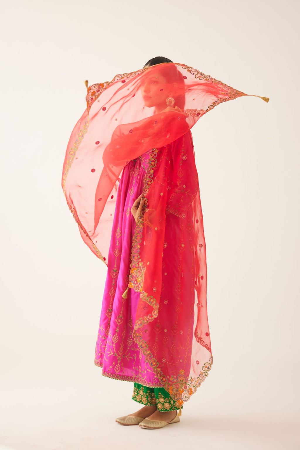 Red silk organza dupatta with all-over delicate dori & silk thread embroidery, highlighted with bead and sequins work.