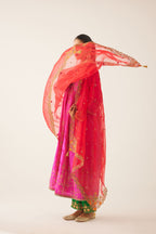 Fiji fuchsia silk embroidered kurta dress set with fine gathers at empire line.