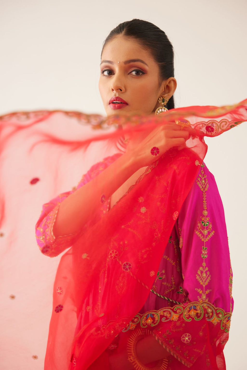 Red silk organza dupatta with all-over delicate dori & silk thread embroidery, highlighted with bead and sequins work.