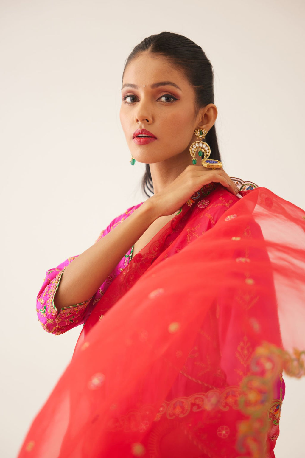 Fiji fuchsia silk embroidered kurta dress set with fine gathers at empire line.