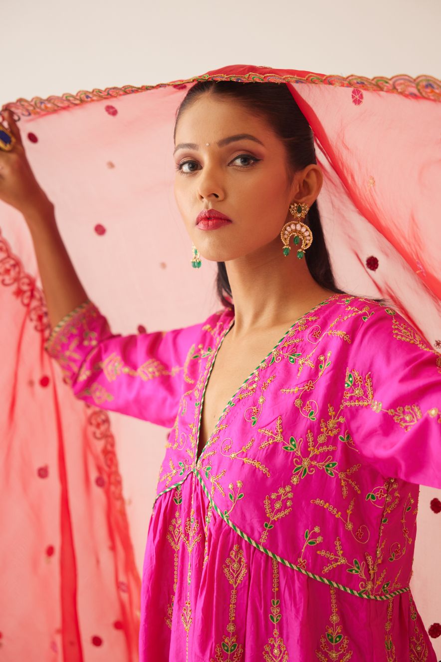 Fiji fuchsia silk embroidered kurta dress set with fine gathers at empire line.