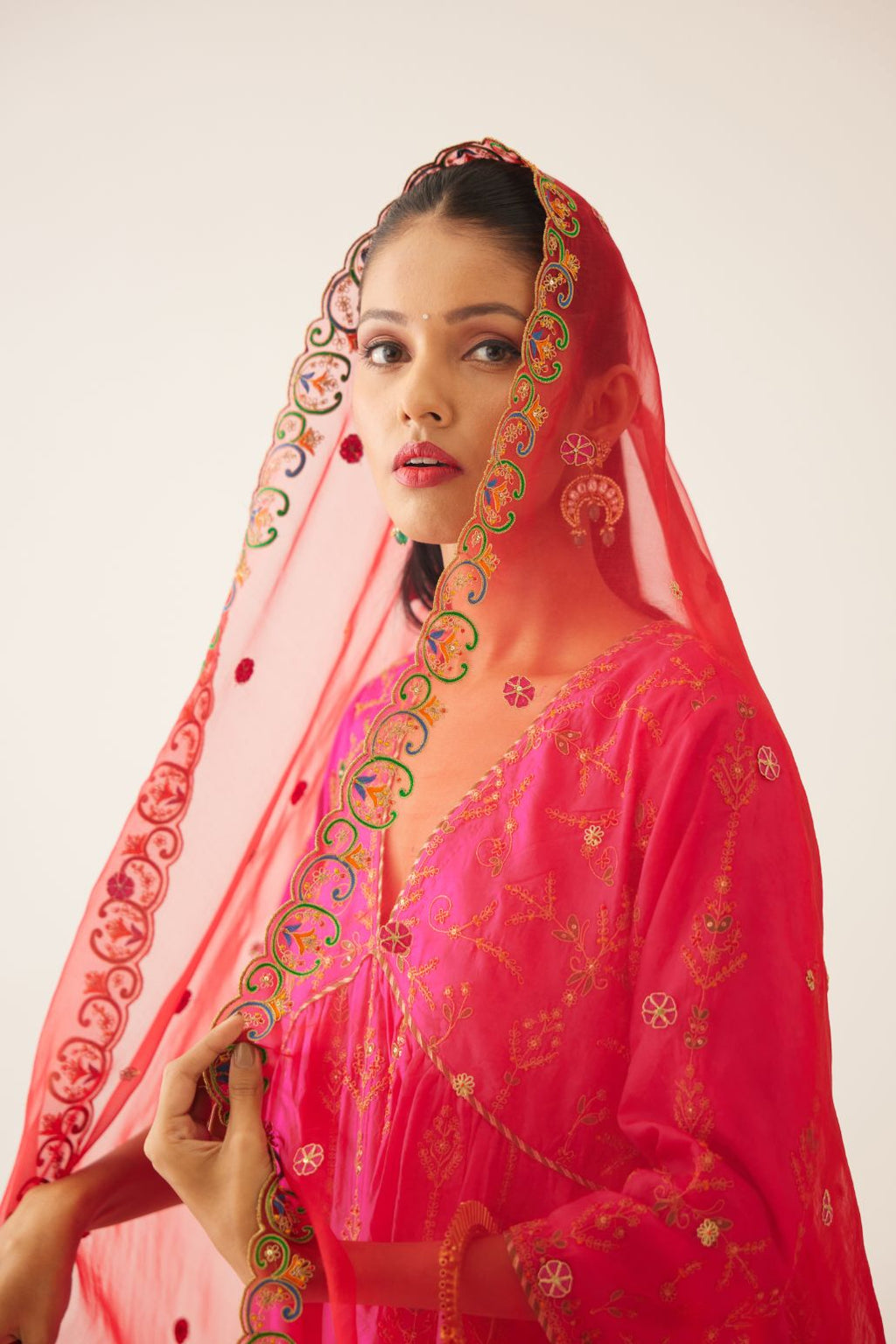 Red silk organza dupatta with all-over delicate dori & silk thread embroidery, highlighted with bead and sequins work.
