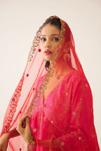 Red silk organza dupatta with all-over delicate dori & silk thread embroidery, highlighted with bead and sequins work.