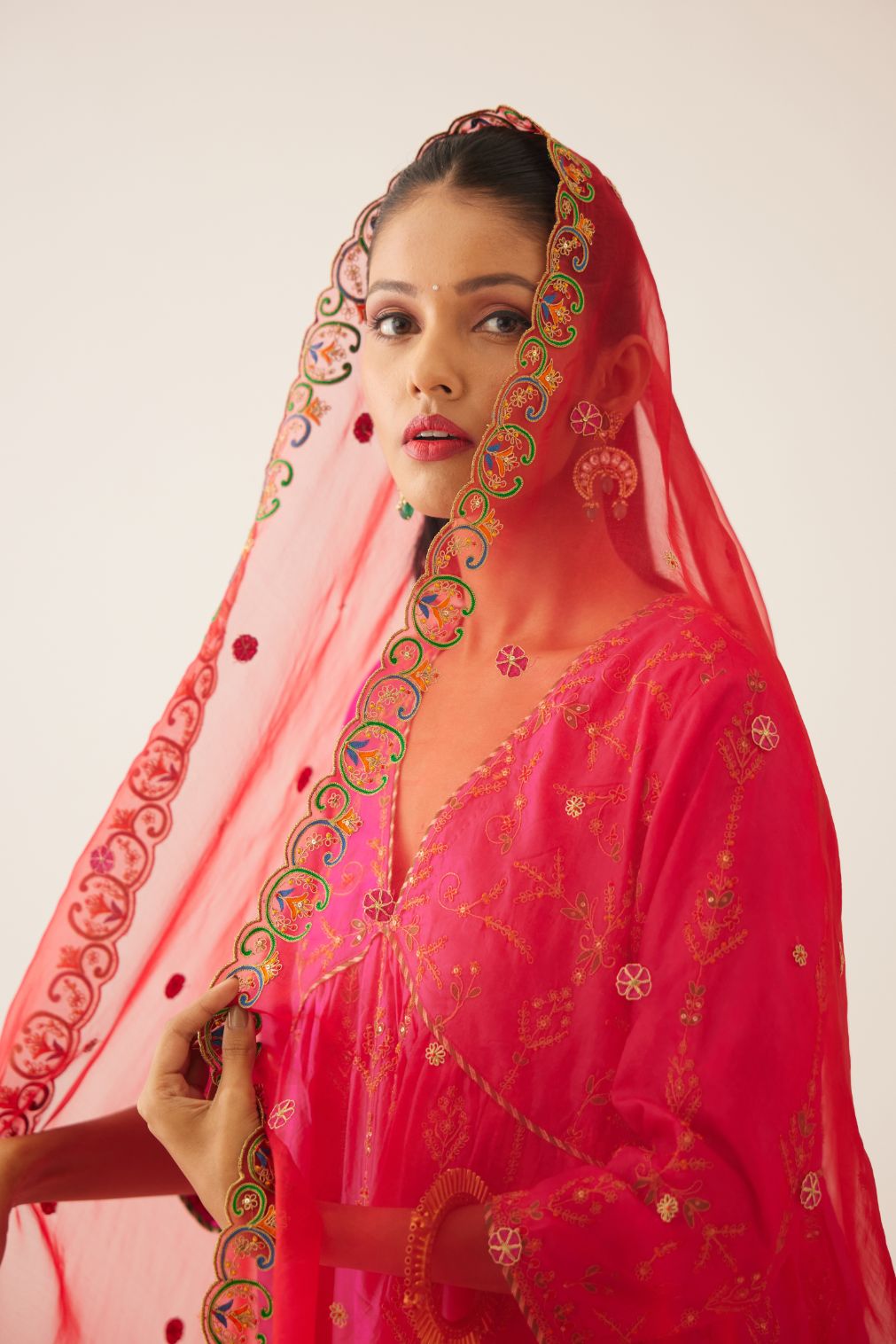 Fiji fuchsia silk embroidered kurta dress set with fine gathers at empire line.