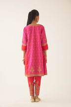 Red & fuchsia silk short kalidar kurta set with all over dori & silk thread embroidery, highlighted with contrast bead & sequins work.