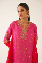 Red & fuchsia silk short kalidar kurta set with all over dori & silk thread embroidery, highlighted with contrast bead & sequins work.