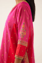 Red & fuchsia silk short kalidar kurta set with all over dori & silk thread embroidery, highlighted with contrast bead & sequins work.