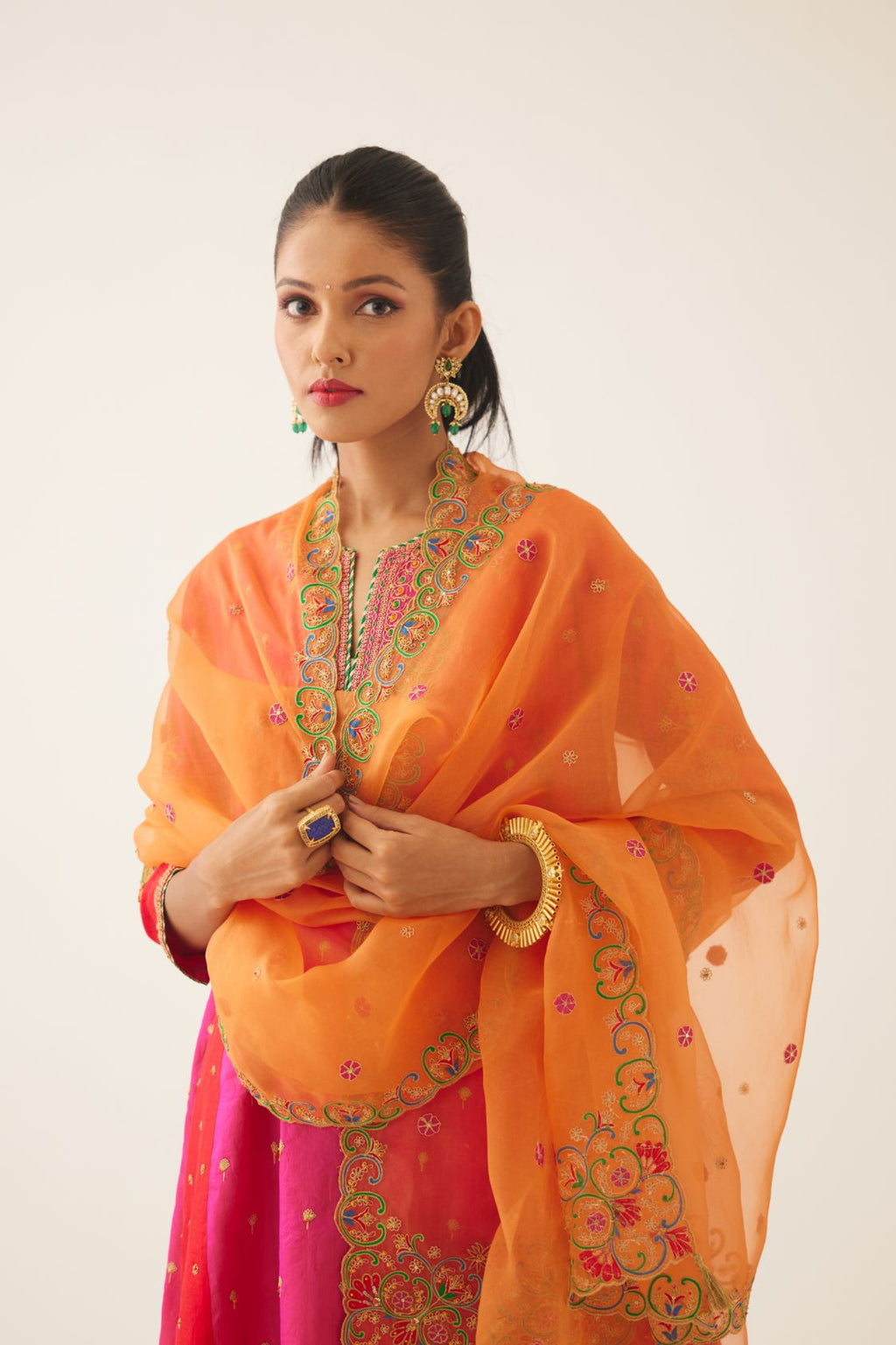 Orange silk organza dupatta with all-over delicate dori & silk thread embroidery, highlighted with bead and sequins work.