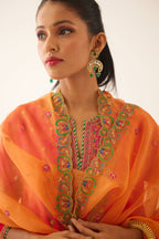 Orange silk organza dupatta with all-over delicate dori & silk thread embroidery, highlighted with bead and sequins work.