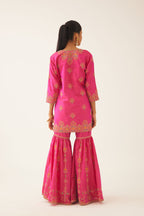 Raspberry silk short kurta set, with dori & silk thread embroidery highlighted with contrast bead & sequins work.