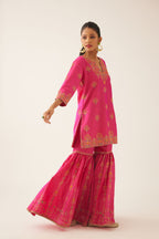 Raspberry silk short kurta set, with dori & silk thread embroidery highlighted with contrast bead & sequins work.