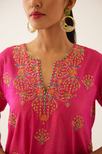 Raspberry silk short kurta set, with dori & silk thread embroidery highlighted with contrast bead & sequins work.
