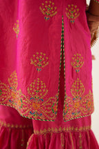 Raspberry silk short kurta set, with dori & silk thread embroidery highlighted with contrast bead & sequins work.