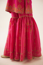 Raspberry silk short kurta set, with dori & silk thread embroidery highlighted with contrast bead & sequins work.