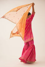 Raspberry silk short kurta set, with dori & silk thread embroidery highlighted with contrast bead & sequins work.