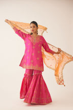 Raspberry silk short kurta set, with dori & silk thread embroidery highlighted with contrast bead & sequins work.