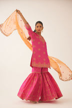 Raspberry silk short kurta set, with dori & silk thread embroidery highlighted with contrast bead & sequins work.